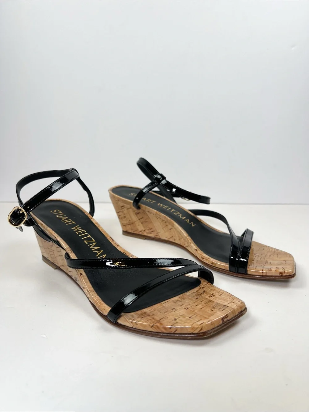 Stuart Weitzman Oasis 50 Wedge Sandal Black Patent Leather Cork size 6.5B
